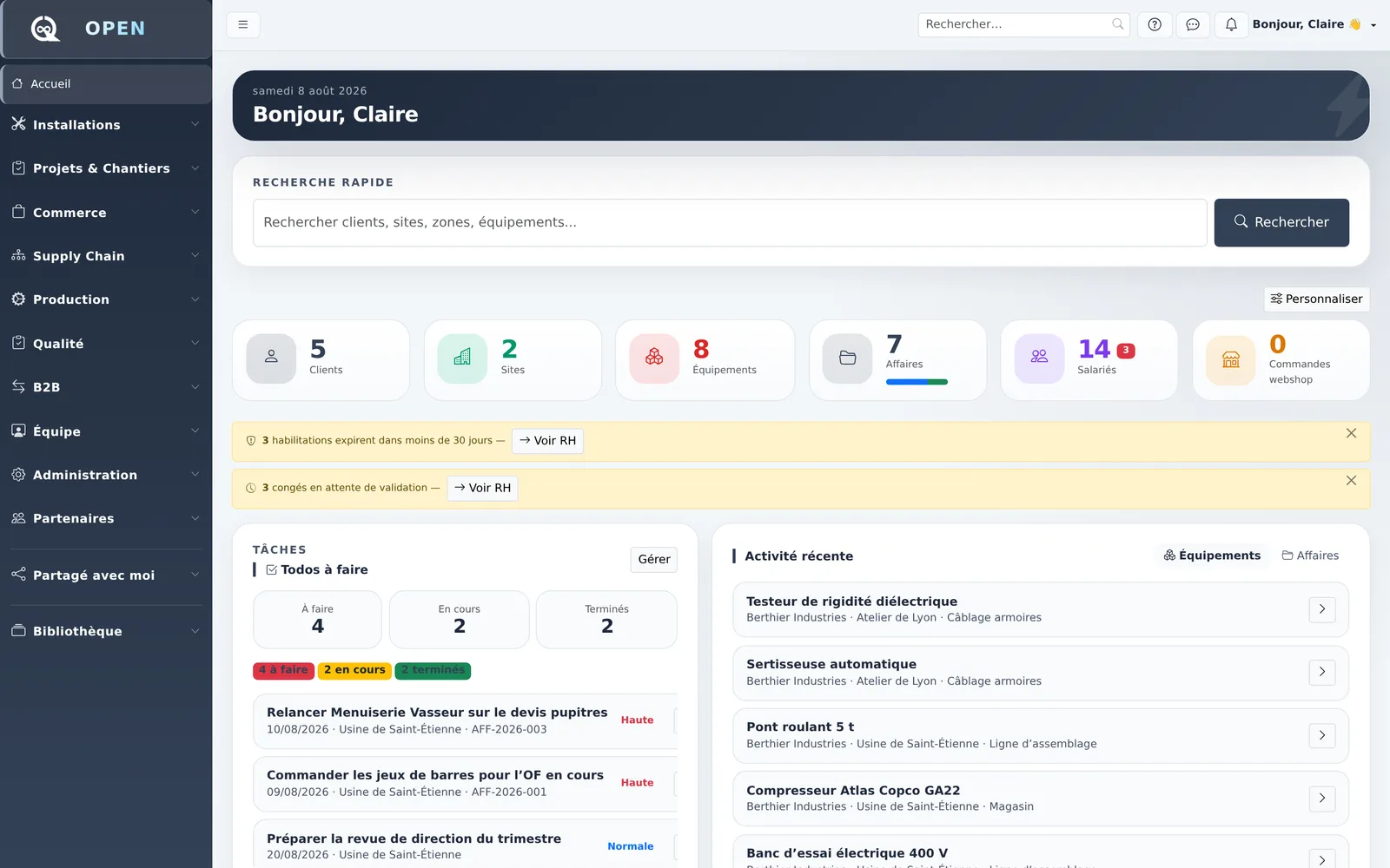 Tableau de bord d'Open : compteurs clients, sites, équipements et affaires, alertes RH, tâches et activité récente